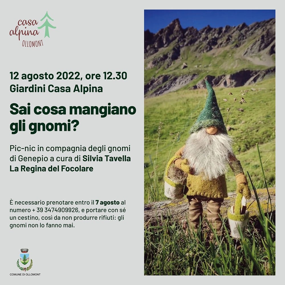 Locandina del picnic con gli gnomi a cura di Silvia Tavella. Giardino della casa alpina di Ollomont 12 agosto 2022